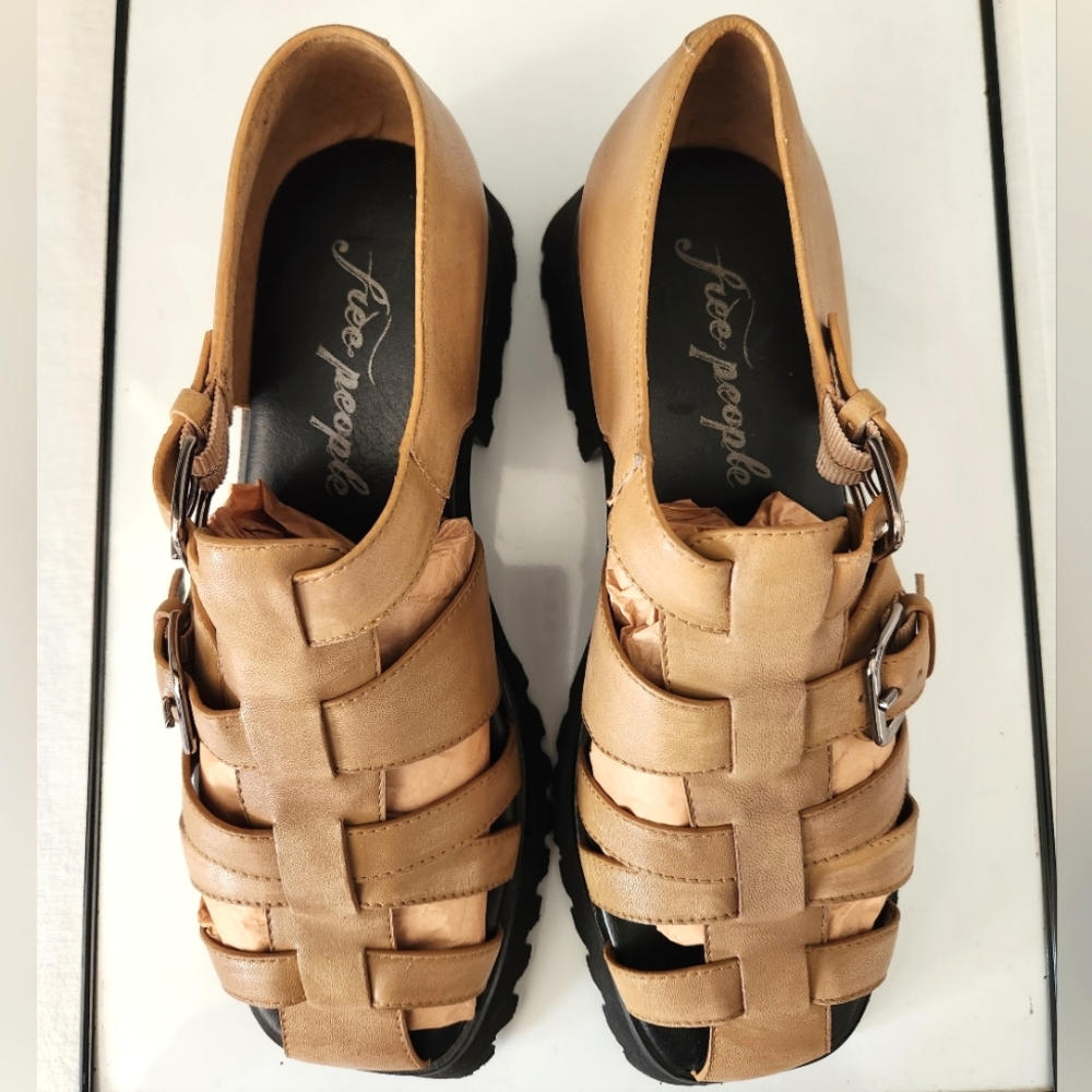 Free People Tan Woven Leather Platform Sandals
